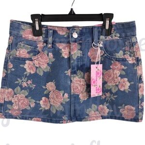 Ashley Mason pink roses floral‎ mini denim blue jeans skirt size 3/26 new